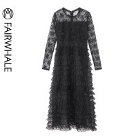 马克华菲女装2019秋黑色蕾丝钩花复古长袖圆领连衣裙蛋糕裙子