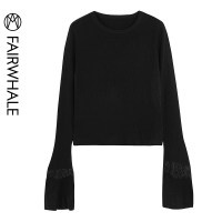 马克华菲女装2019秋薄款针织衫喇叭袖复古针织套头衫女显瘦