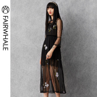 马克华菲女装2019夏网纱连衣裙刺绣长裙雅商场直发