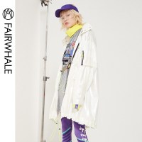 马克华菲女装2019秋中长款白色连帽风衣反光防晒运动休闲外套