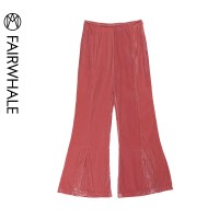 马克华菲女装2019新款秋季粉色高腰垂感阔腿裤女宽松开叉丝绒长裤