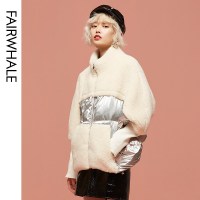 马克华菲女装2019新款冬羊羔毛拼接上衣短款轻薄立领女羽绒服 潮