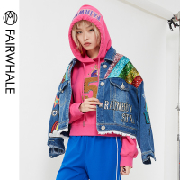 马克华菲女装2019秋牛仔外套女亮片宽松廓形贴布外套女