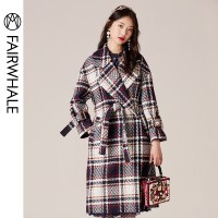 马克华菲女装2019冬新款毛呢大衣女中长款格子毛呢大衣系带显瘦