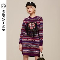 马克华菲女装2019秋新款虎头刺绣流苏长袖针织衫