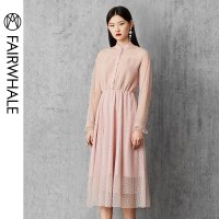 马克华菲女装2019秋波点长袖连衣裙法式复古连衣裙女