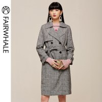 马克华菲女装2019秋新款风衣女英伦风格子中长款风衣大衣修身廓形