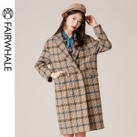 马克华菲女装2019冬新款毛呢大衣中长款经典格子英伦风大衣外套