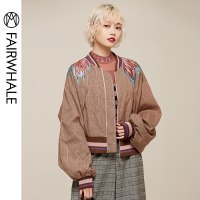 马克华菲女装2019秋新款短外套女韩版宽松蝙蝠袖夹克外套棒球服