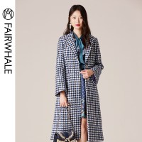 马克华菲女装2019冬新款毛呢大衣女中长款千鸟格大衣淑女气质外套