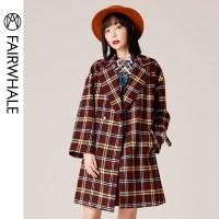 马克华菲女装2019冬新款毛呢大衣女中长款经典复古格子大衣宽松