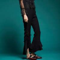 马克华菲女装2019秋新复古喇叭裤浪漫荷叶边休闲长裤