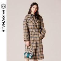 马克华菲女装2019冬经典格纹毛呢大衣中长款英伦风系带显瘦大衣