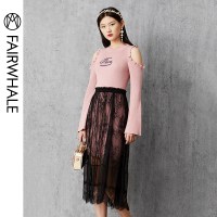 马克华菲女装2019秋针织连衣裙套装蕾丝裙针织裙修身显瘦