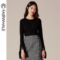 马克华菲女装2019秋薄款针织衫喇叭袖复古针织套头衫女显瘦