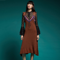 马克华菲女装 喇叭袖打底衫 2019秋新款蕾丝拼接雪纺衫