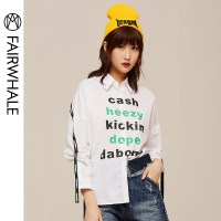 马克华菲女装2019秋季潮流个性字母印花宽松青年长袖白衬衫女