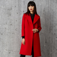 马克华菲女装红色中长款双面呢大衣2019冬西装领毛呢外套