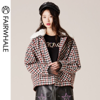 马克华菲女装2019冬季新款短款毛呢大衣千鸟格复古大毛领大衣外套