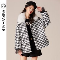 马克华菲女装2019冬季新款短款毛呢大衣千鸟格大毛领斗篷大衣宽松