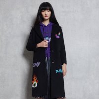 马克华菲女装2019冬卡通印花贴布中长款刺绣毛呢外套减龄大衣
