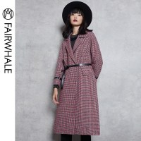 马克华菲女装2019秋冬新款格子羊绒大衣女中长款过膝OL毛呢外套