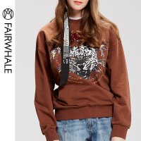 马克华菲女装圆领套头卫衣 2019秋季新款宽松显瘦刺绣中长款卫衣