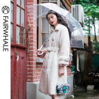 马克华菲女装2019冬新款颗粒绒大衣中长款收腰系带毛绒大衣外套