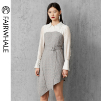 马克华菲女装2019秋长袖连衣裙衬衫裙OL气质拼接衬衫裙