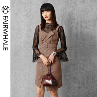 马克华菲女装2019秋中裙职业高腰包臀连衣裙蕾丝拼接