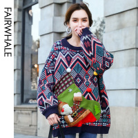 马克华菲女装2019新款洋气圣诞毛衣女圆领宽松提花长袖女士针织衫