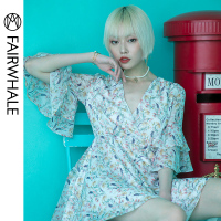 马克华菲女装2020春喇叭袖连衣裙碎花复古连衣裙收腰公主裙