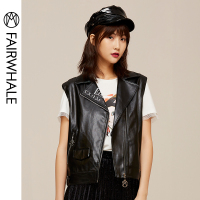 马克华菲女装 2020春黑色PU皮高级潮势力马甲机车外套