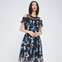 马克华菲女装2020春无袖中长款碎花连裤连衣裙一字肩连衣裙春