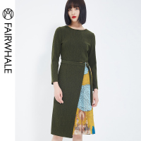 马克华菲女装2020春新款拼接原创印花浪漫优雅气质长袖连衣裙