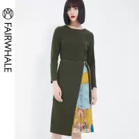 马克华菲女装2020春新款拼接原创印花浪漫优雅气质长袖连衣裙