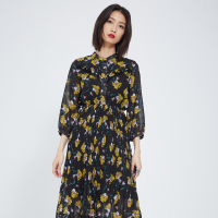 马克华菲女装2020春新款中长款衬衫式印花拼接连衣裙