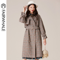 马克华菲女装2019冬经典格纹毛呢大衣中长款英伦风系带显瘦大衣