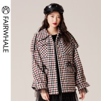 马克华菲女装2019冬季新款短款毛呢大衣女千鸟格宽松大衣外套