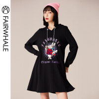 马克华菲女装2020春新款长袖针织连衣裙修身显瘦印花中长款连衣裙