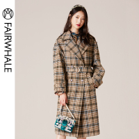 马克华菲女装2019冬经典格纹毛呢大衣中长款英伦风显瘦大衣