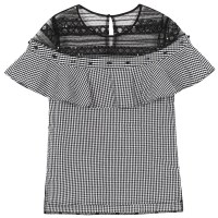 马克华菲女装2020夏装新款圆领拼接露肩荷叶边短袖雪纺衫上衣