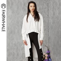 马克华菲女装2020春中长款西装领系带纯棉衬衫韩范宽松长袖