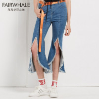 马克华菲女装2020春新撕边开叉喇叭复古欧美字母牛仔长裤