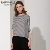 马克华菲女装2020夏季新款黑白条纹短信T恤宽松休闲大t