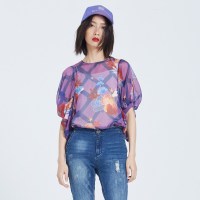 马克华菲女装2020夏撞色印花雪纺衫宽松显瘦衬衫（内搭为藏青色）