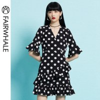 马克华菲女装2020新款夏波点连衣裙复古赫本风喇叭袖连衣裙收腰