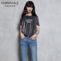 马克华菲女装2020春新亮丝元素个性字母标语潮短袖T恤