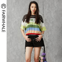 马克华菲女装2019短袖撞色针织衫条纹针织套头衫短袖女