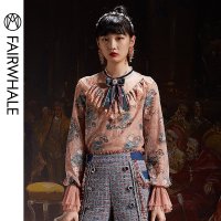 马克华菲女装2020春新款长袖衬衫女宫廷风蕾丝上衣